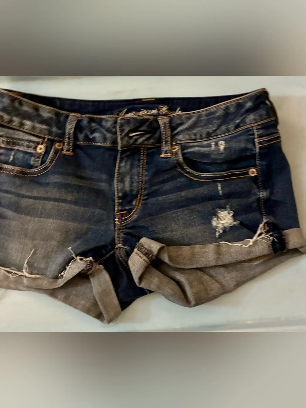 American Eagle Outfitters Dark Blue Distressed Cuffed Denim Shorts🌸